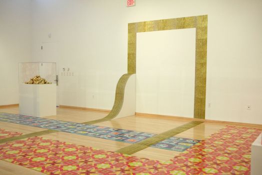 Golden Ramp with Gold Tile (via Gliztianers), dimension variable in site specific installation, gold glitter screen-printed on linoleum tile with wood armature, 2011.