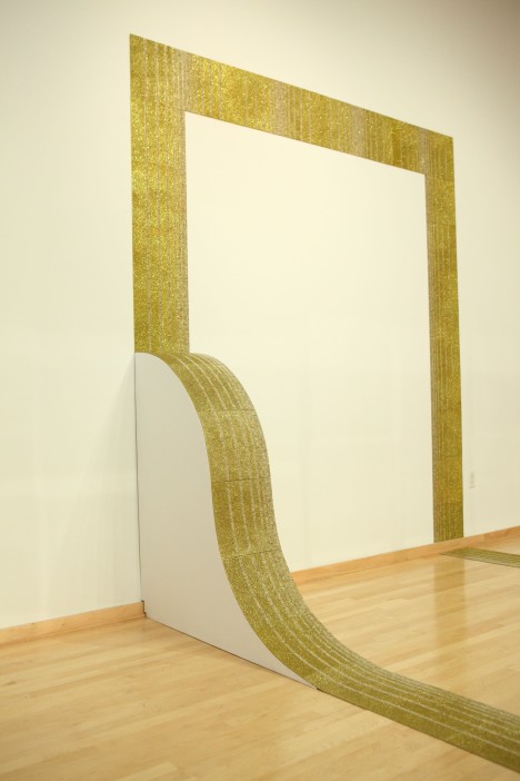 Golden Ramp with Gold Tile, 9’ x 9’ x 3’ with variable dimension extensions, gold glitter screen-printed on linoleum tile with painted wood armature, 2011. Glitzianers, MFA thesis show, Temple Contemporary, Philadelphia, PA.