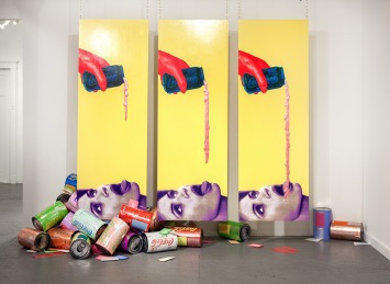Tasty (installation shot), room dimensions 10′ x 23′ x 15′, mixed media: wood, paint, sceenprints, paper, Tyvek, metalized laminate, mica powder, acrylic paint pours, cardboard, polyester fill, and brass chains, 2012. Tastier, Good Children, New Orleans, LA (2017).